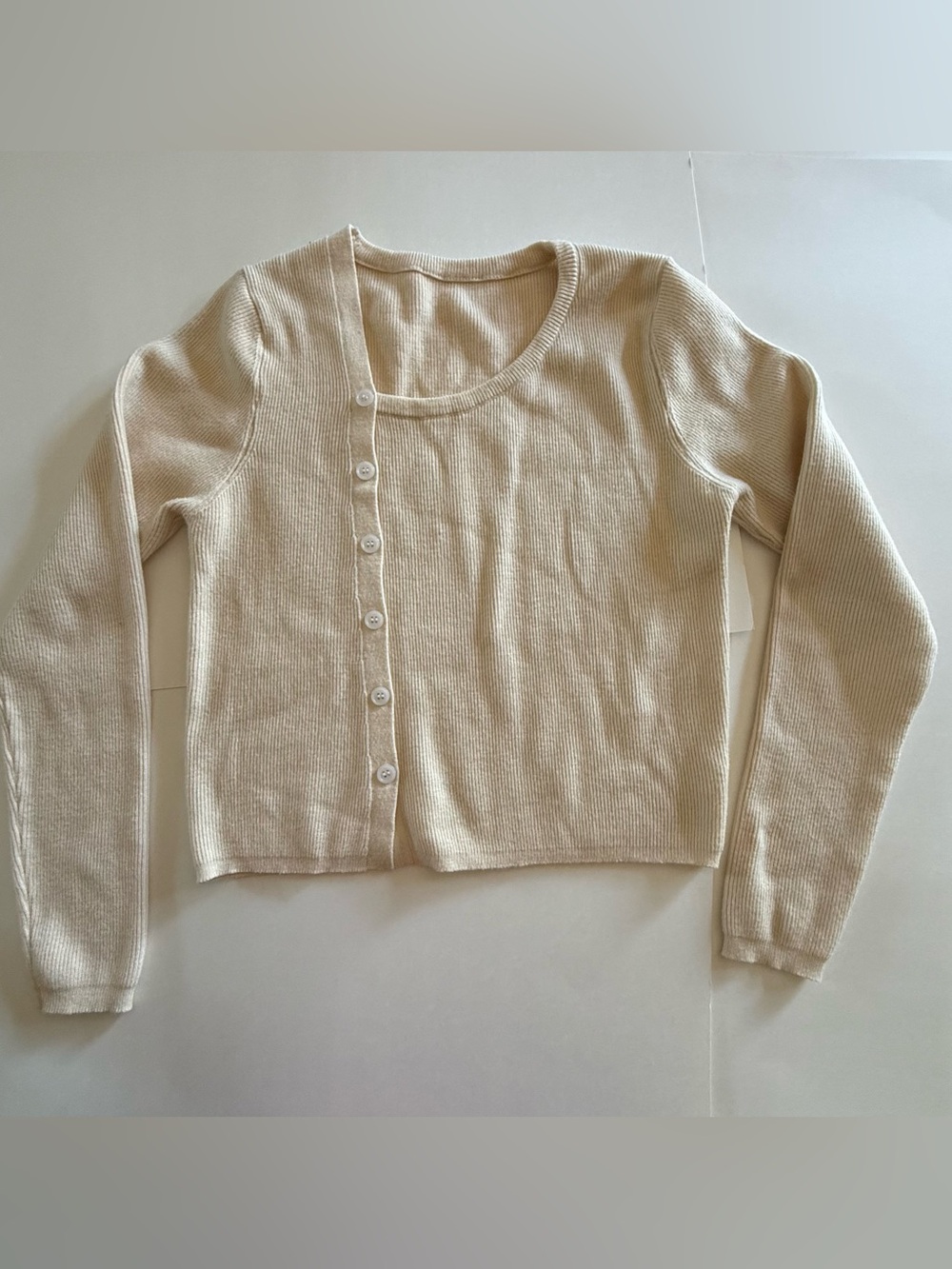 Ribbed Asymmetric Button Up Cardigan Sweater Knit Off-Center Scoop Neck Cream